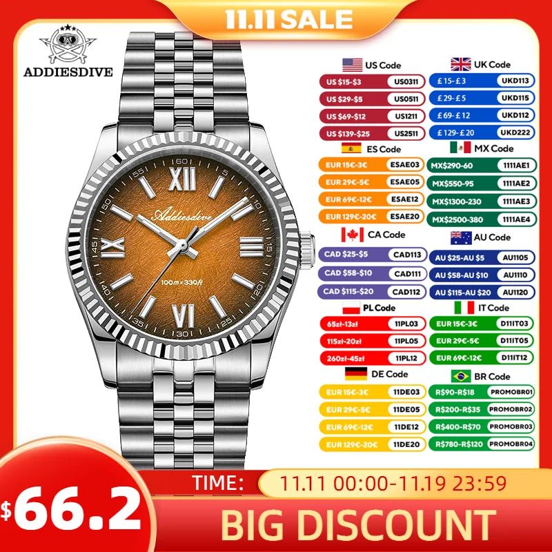 

ADDIESDIVE 36mm Men Watch AD2512 New Quartz Wristwatch Sapphire AR Coated Dive 100m Waterproof BGW9 Luminous VH31 Watch for Men