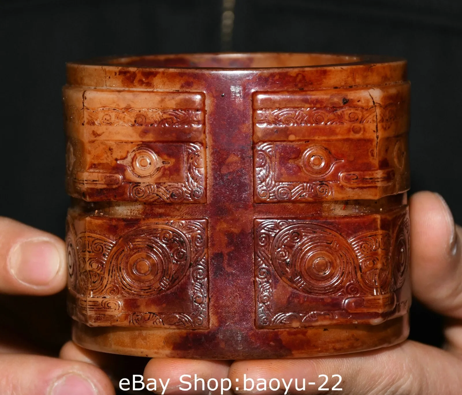 China Liangzhu Culture Old Jade Carved Beast Face Pattern Yu Zong Cong Statue