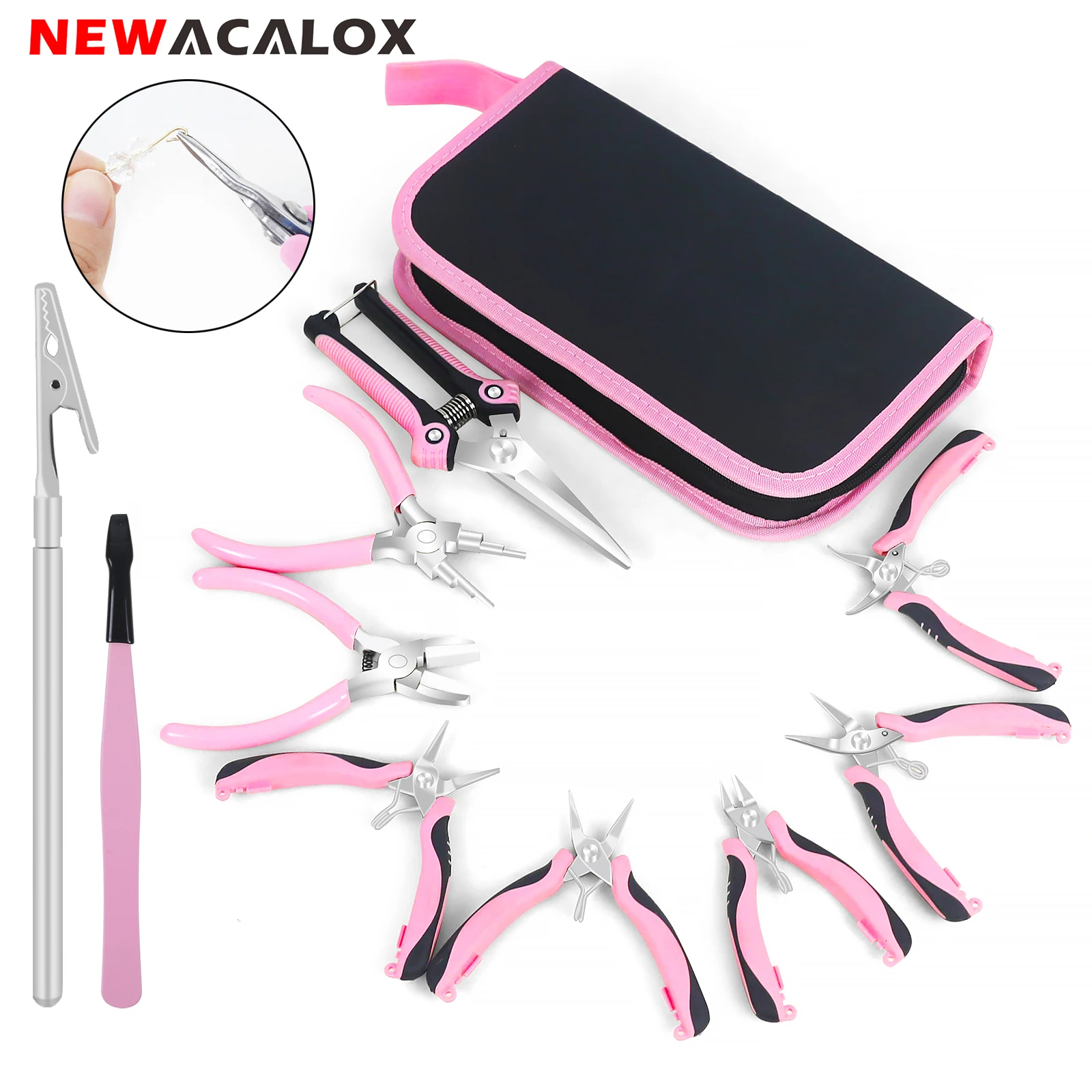 

NEWACALOX Mini Jewelry Pliers Carbon Steel Jewelry Plier Sets Round Curved Needle Nose Beading Tool Kit for DlY Jewelry Making