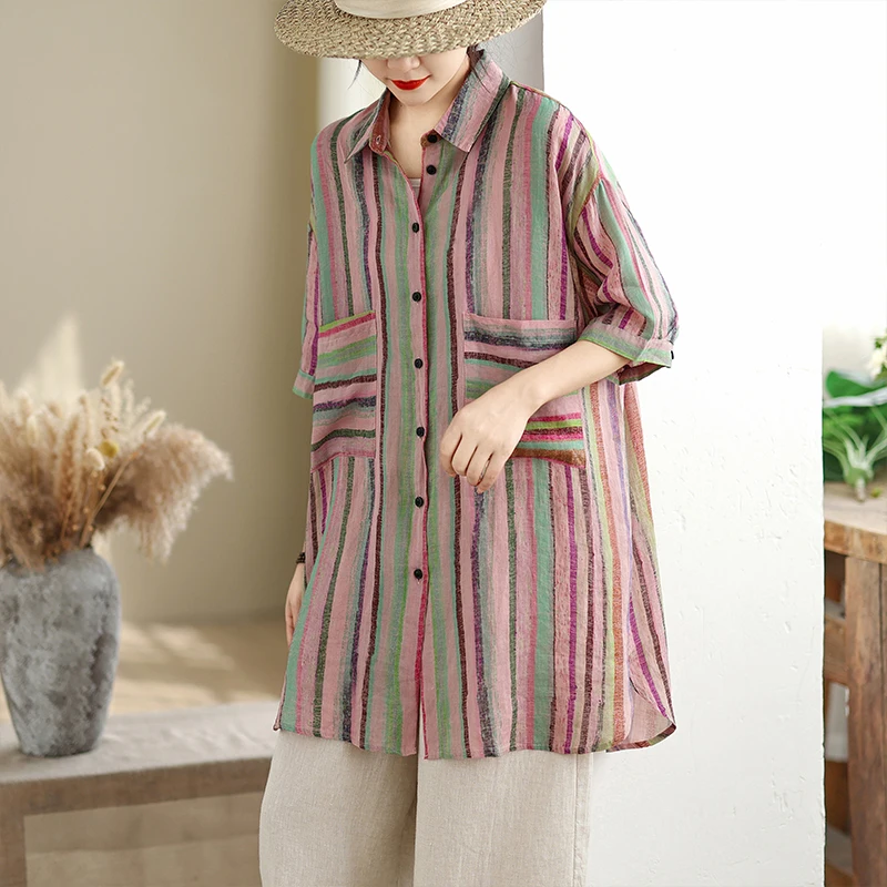 Casual Striped  Ne ort Sve irt Women's Mid-Length Lazy Sle Big Size Design Sensation Faionable Office Commute