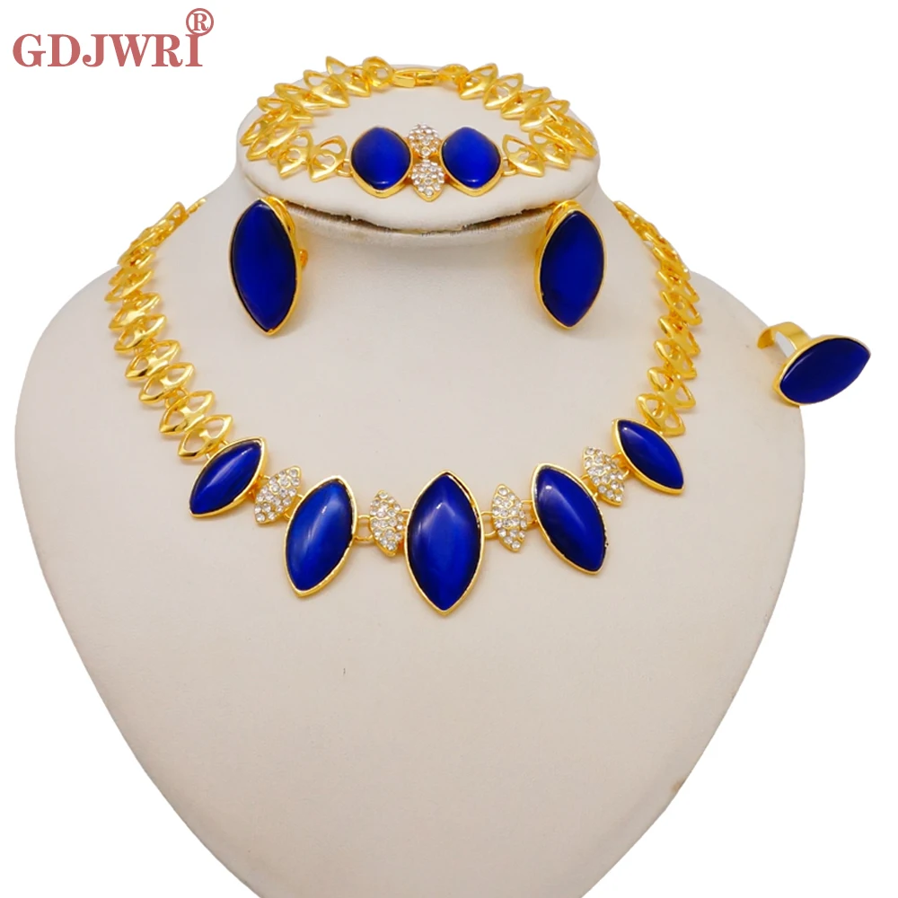 

Luxury Nigerian Dubai Jewelry Sets For Women Italian Gold Color Necklace Set Blue Opal Banquet Jewellery Bijoux Français