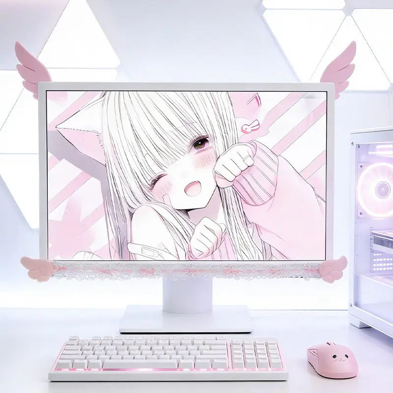 Custom QiaoQiaoMei Monitor Bezel Decor, Cute Wing Ears & Lace Trim, Maiden Style Gaming Desk Setup, Room Soft Accessory Gift