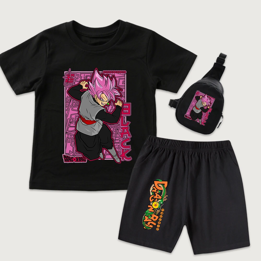 Dbz Black Goku Print Kids Cotton T Shirt Shorts Set with Mini Chest Bag 3 Pieces Casual Outfit for Boys Girls Daily Wear