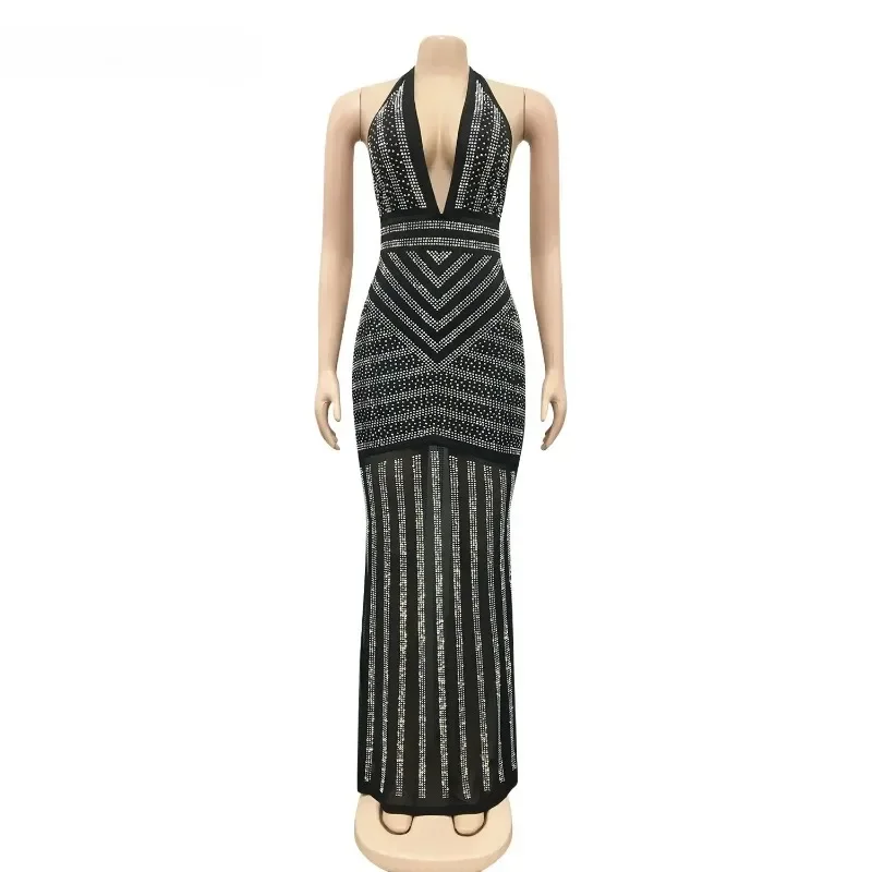 

Women's Sexy Rhinestone Splicing Halter Maxi Dress Deep V-neck Open Back Long Dress for Night Club Party
