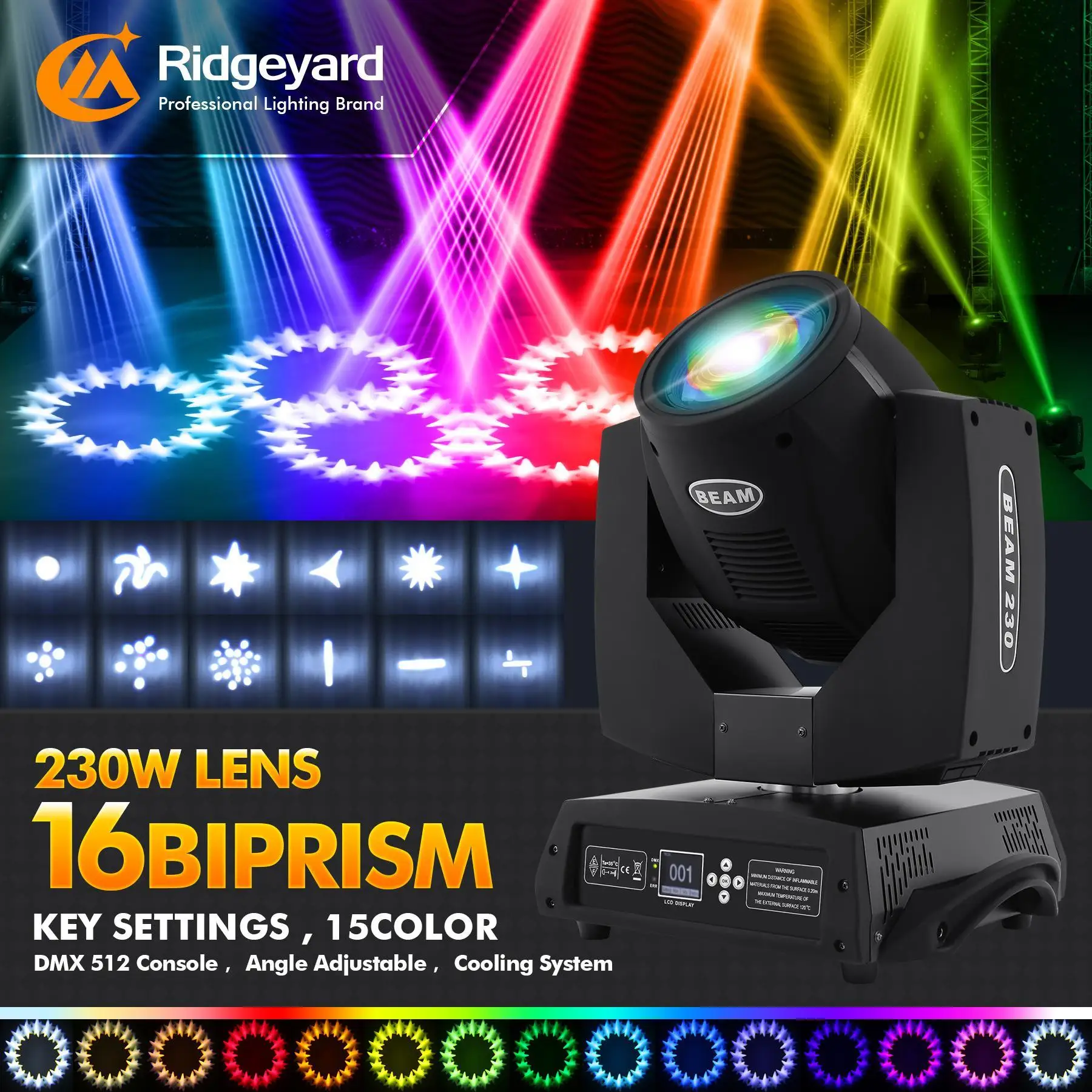 

Ridgeyard 230W Beam Zoom Moving Head Light ЖК-дисплей DMX512 Moving Head DJ Lights с 17 Gobos 14 цветами для свадьбы DJ Party