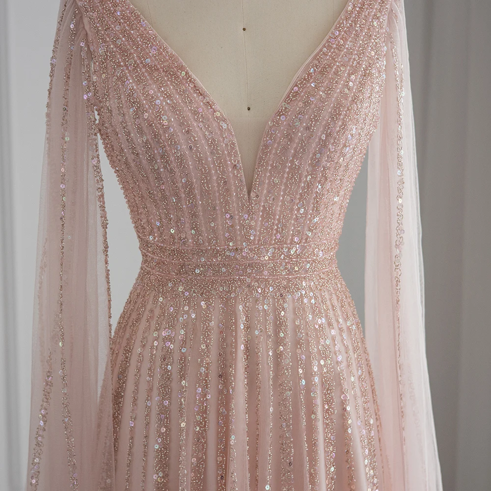 Sharon Said Luxuriöse Champagner-Abendkleider mit Cape-Ärmeln, Arabisches Grün-Nude Ballkleid für Damen, Hochzeitsfeier SS322 Maßanfertigung – Detail 22