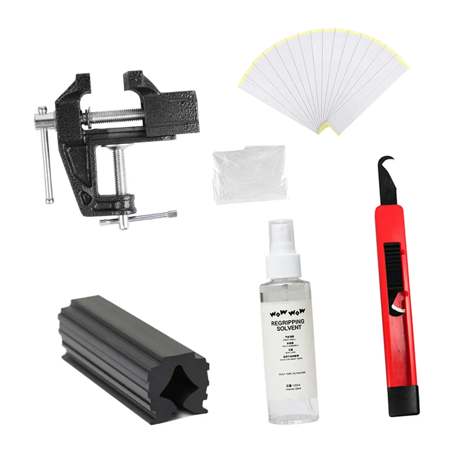 

Golf Club Grip Kit Spray Solvent 5 Tape Strips(2"x10") Set Maintain Vise Clamp Fixtures