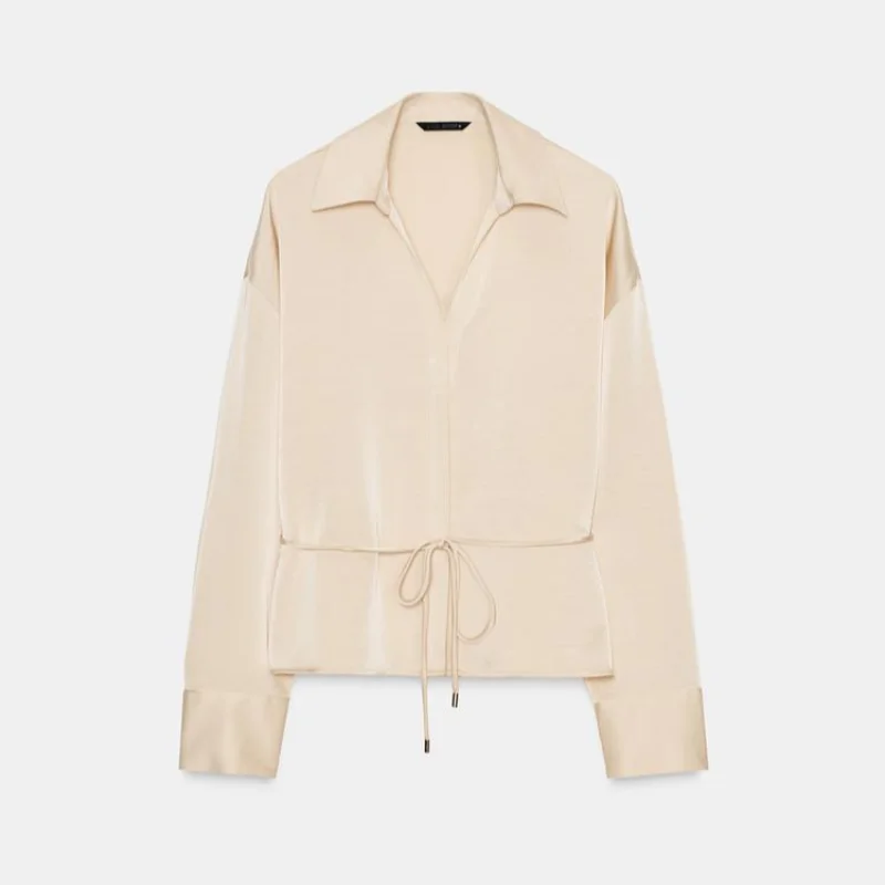 

Slim Fit Satin Shirt For Women Lapel Long Sleeve Lace Up Top Elegant Blouse Commuter Office Tops 2025 New Fashion Lady Clothings