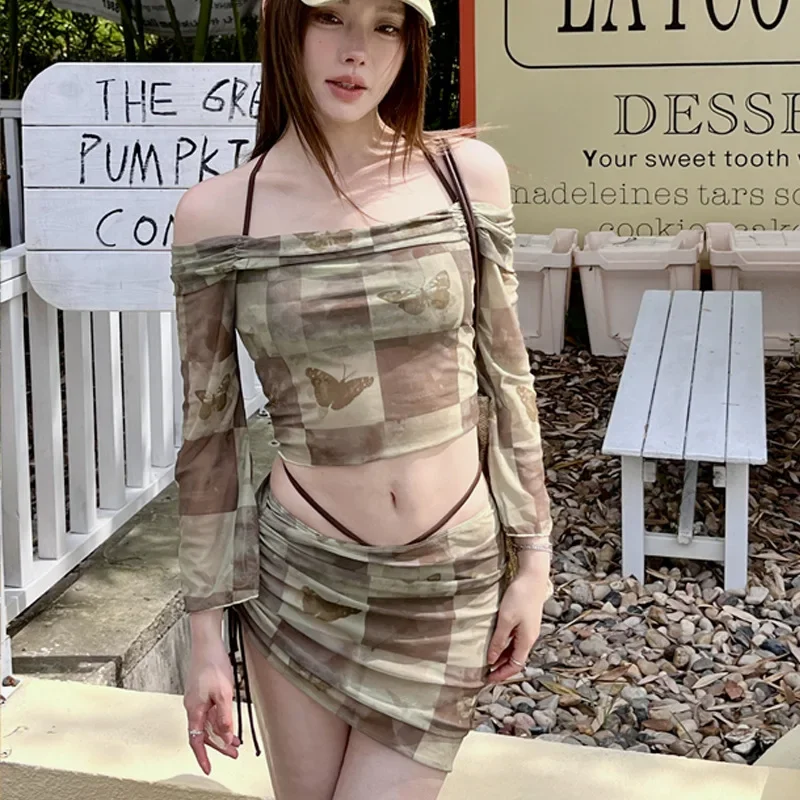 

Korea Butterfly Print Sweet Spicy Girl Split Swimsuit 4 Pieces Sets with Drawstring Skirts Sexy Beach Wear Bath Suits Swimwear