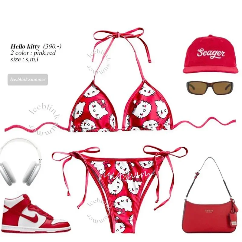 Sanrio Kawaii Hello Kitty Bikini Set Cute Cartoon Anime Summer Cooling Beach Soft Side Strappy Panties Sexy Bikini Swimsuits