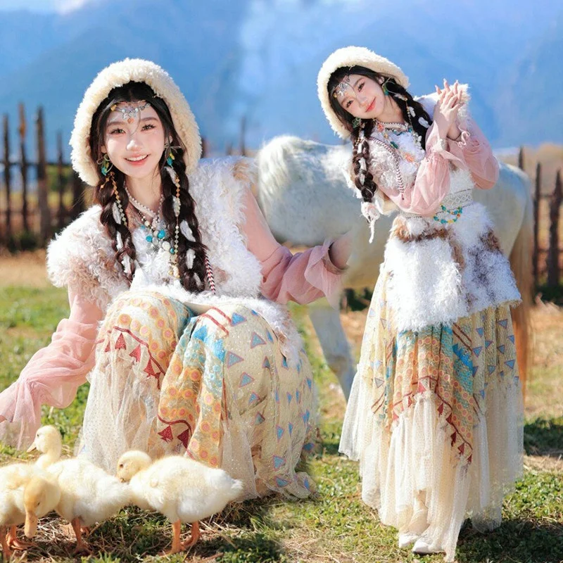 

High-End Tibetan Women's Summer Long Dr Photoaphy Costume Ethnic Tujia Clothing Traditional Chinese Faion Portrait Outfit