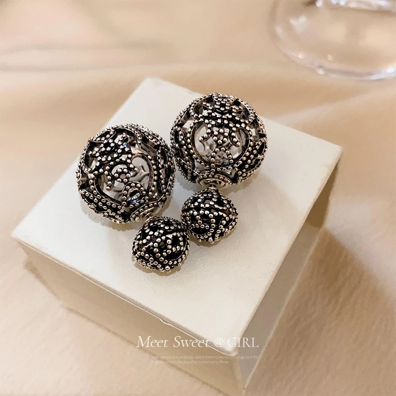 Gun Black Double-sided Hollow Round Ball Earrings Retro Temperament niche Unique Earrings High-end Feeling Earrings For Women