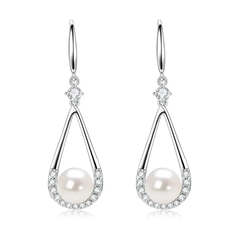 

Anziw New 925 Sterling Silver Zirconia Hook Earrings 7-8mm Freshwater Pearl Drop Earrings for Women Temperament Wedding Jewelry