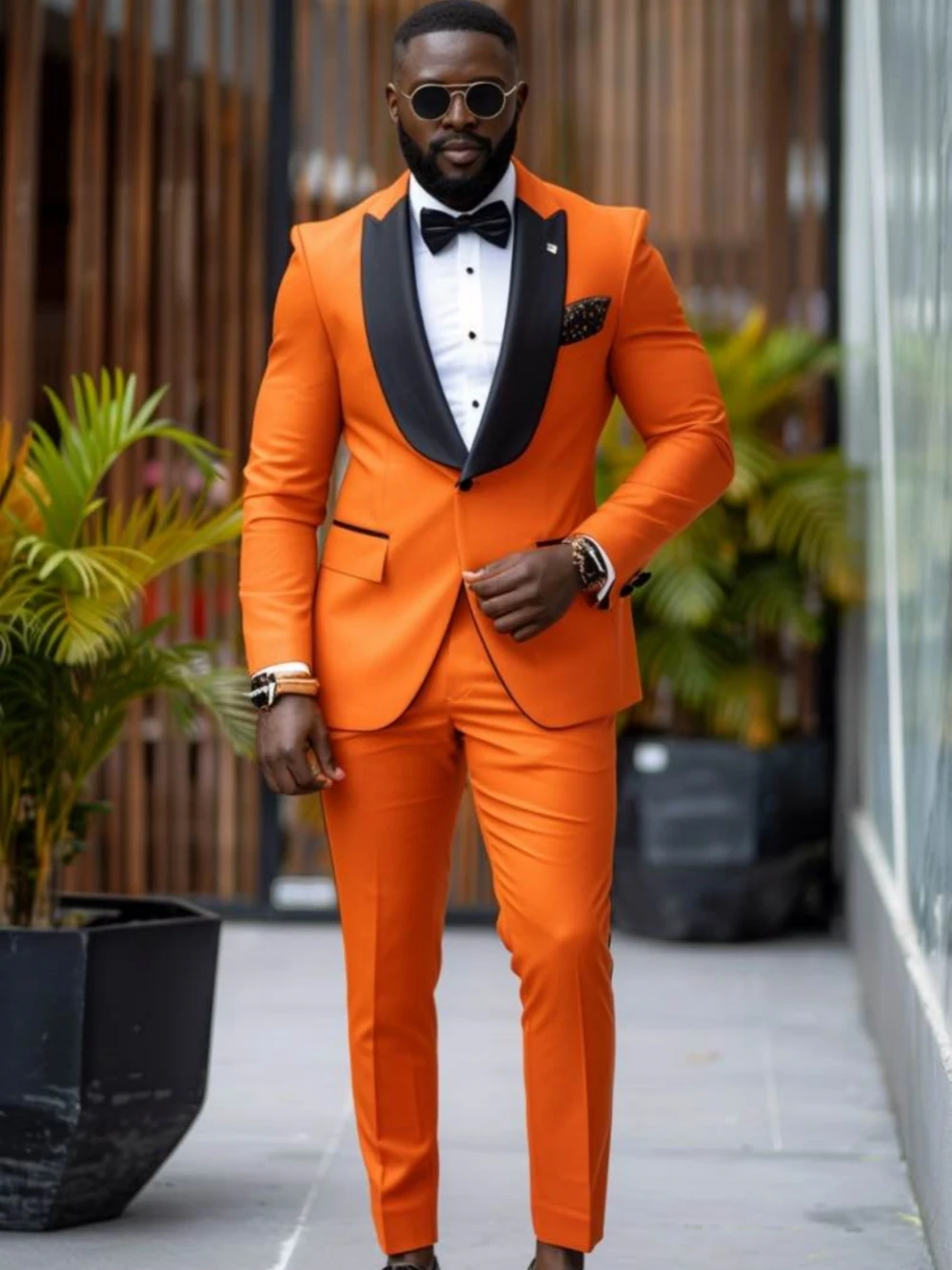 Bright Orange Tuxedo Sets 2 Pieces Jacket Pants For Men Party Prom Wear Stylish One Button Peak Lapel Men's Suits Trip Outfit