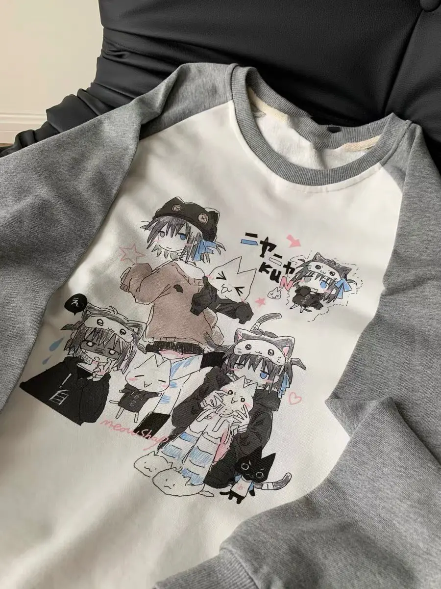 Harajuku Anime Print Hoodies Gray White Raglan Sleeve Sweatshirts Preppy Style Y2k Sudaderas Mujer Japanese Sweet Women