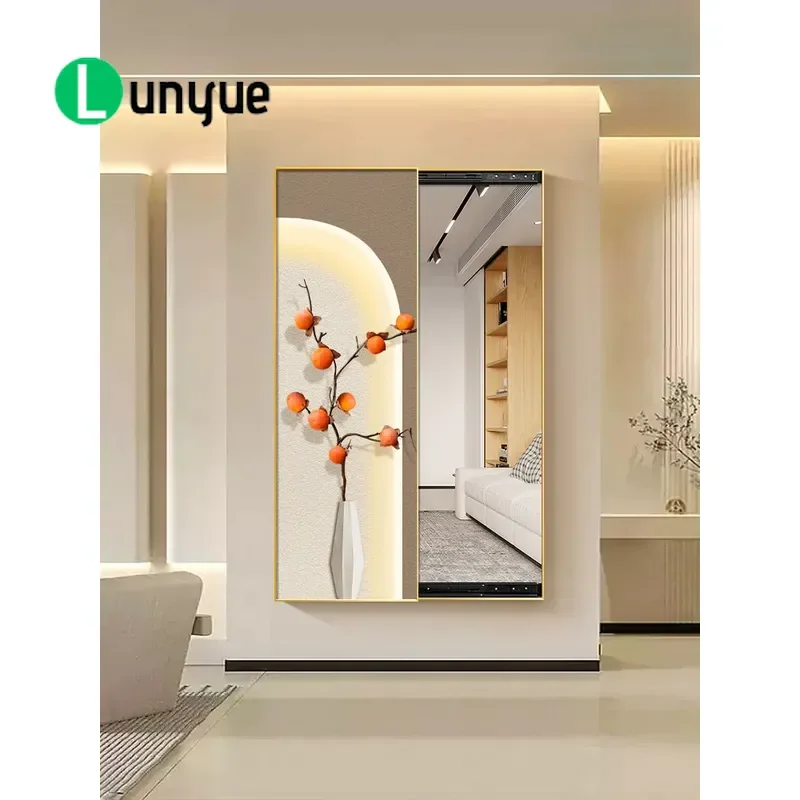 Nordic Style Push Pull Hidden Full Body Mirror Mural Green Plant Decorative Painting for Bedroom Cloakroom Porch Wall Art