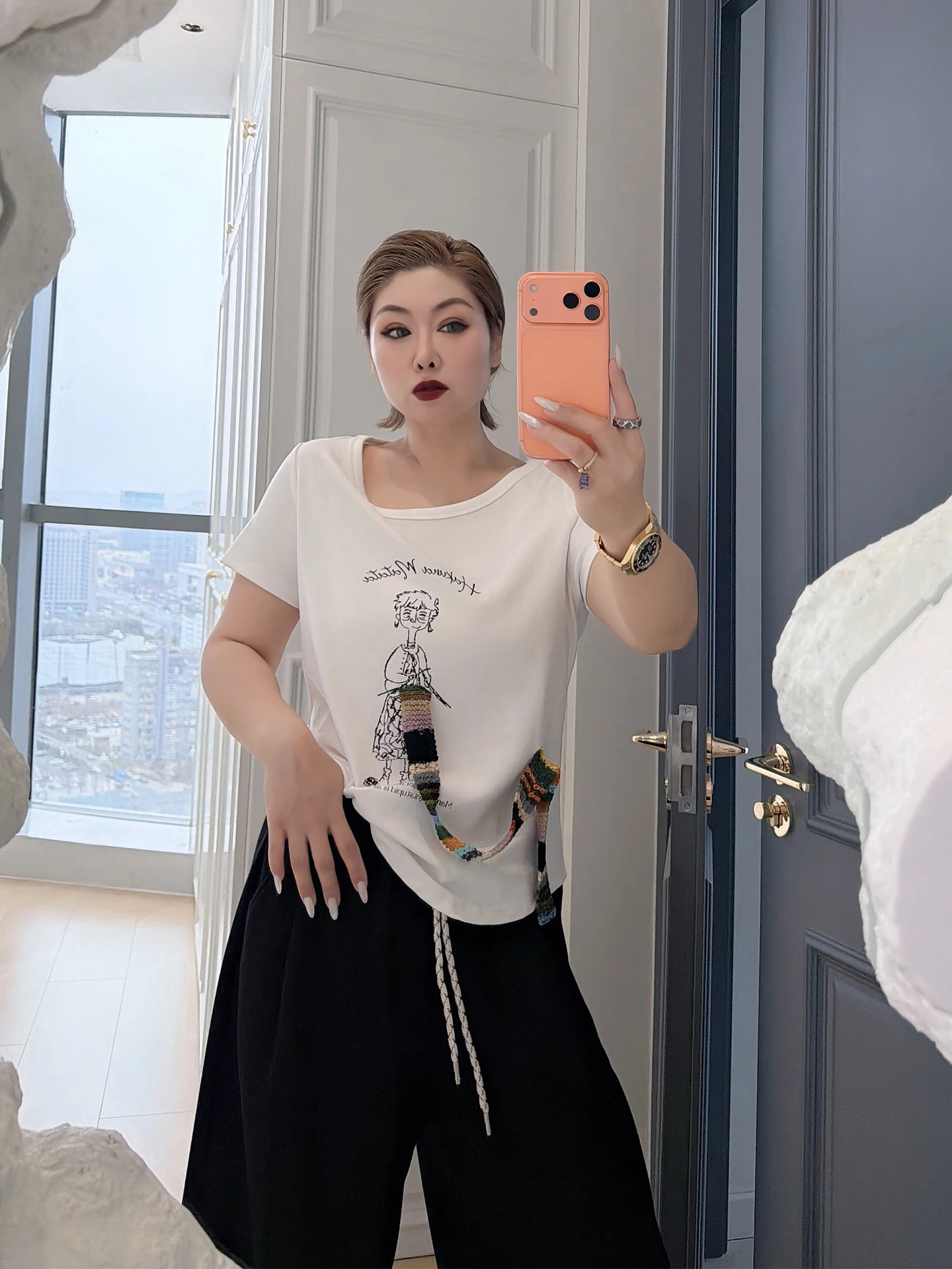 

Fun Sa ort Sve T-irt plus Size Women's Casual Slimming Top Stand Fit Spring Cotton Polyester Blend round Ne