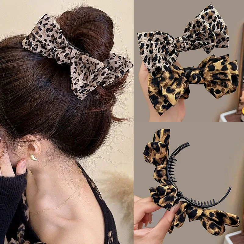 Vinatge Leopard Print Bow Hair Crab Hairgrip Trendy Ponytail Hair Claw Large Barrettes For Women Hair Accessories Korea Headwear