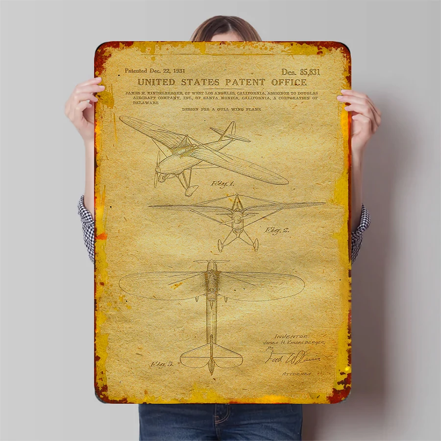 Vintage 1931 Airplane Patent Drawing Metal Wall Art Industrial Home Decor for Living Room Study Bar