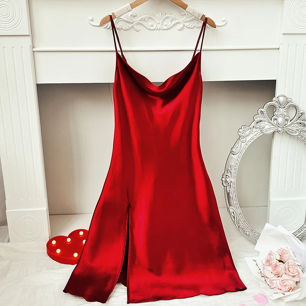 Sexy Mini Female Nightgown Sleepwear Spring Summer Silk Satin Spaghetti Strap Nightdress Chemise Sleepwear Backless Home Dress