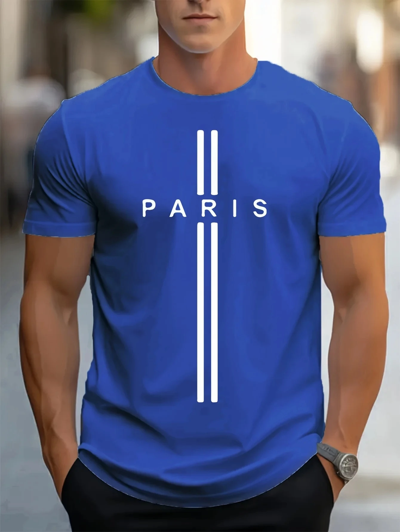 3D printed men's loose summer T-shirt, Paris printed round neck casual tight T-shirt, short sleeved T-shirt image 2