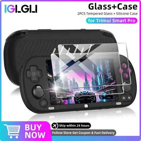 Vidrio 2 en 1 + funda para Trimui Smart Pro, cubierta protectora de silicona antiarañazos y Protector de pantalla, accesorios de película de vidrio templado