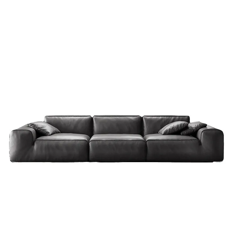 

Big black cow leather sofa, first-layer cowhide living room Italian minimalist high-end villa sofa