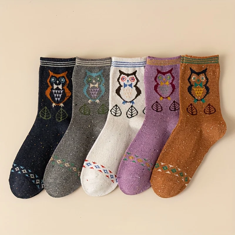 5 Pairs Autumn Winter Thickened Rabbit Wool Socks Mixed Colors Cat Cartoon Pattern Mid-calf Retro Design Ideal for Everyday Wear