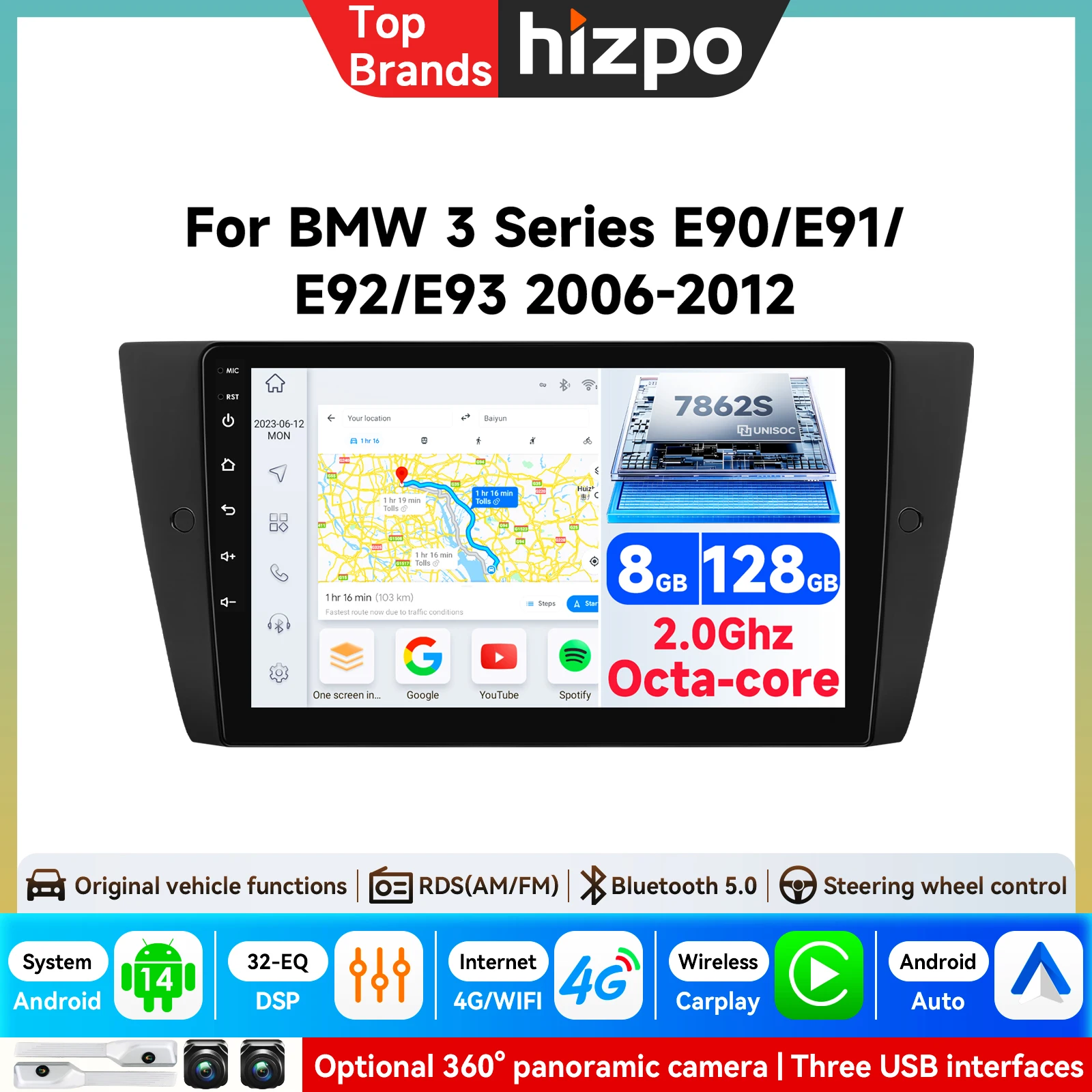 Android-Bildschirm für BMW 3er Serie E90 E91 E92 E93 Kabelloses Auto-Multimedia-Stereo-Videoplayer Headunit GPS-Navigation Autoradio Carplay