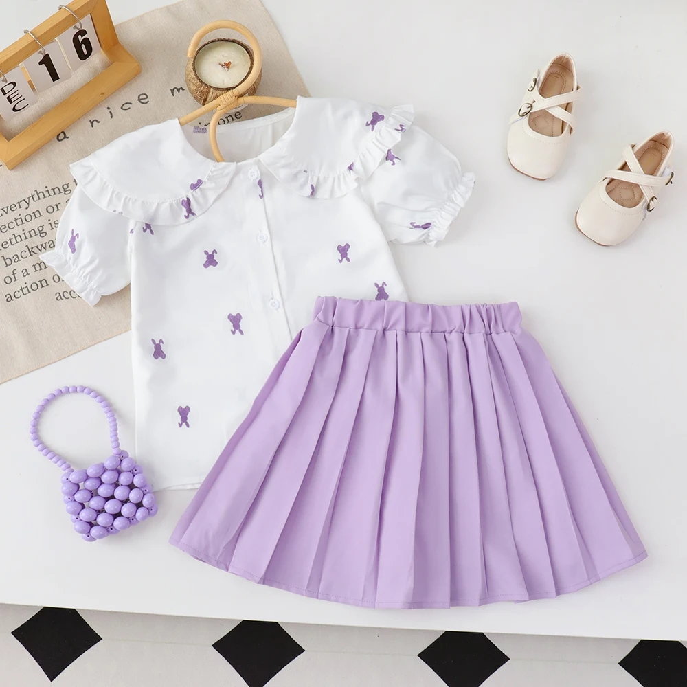 Bear Leader Baby Girls Clothing Rabbit Printed Lapel Top+Pleated Skirt Set 2 Pieces Suits Kids Fashion Clothes Sets 3-7 Years