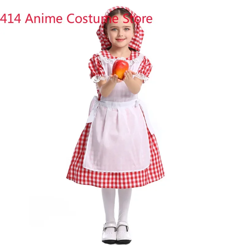 Red Grid Colonial Village Girl Pioneer Prairie Dress Oktoberfest Waiter Maid Costumes Halloween Party Mardi Gras Cosplay