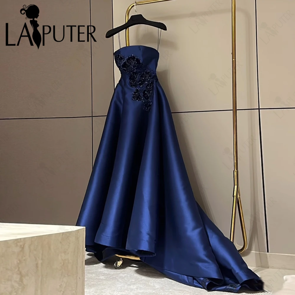 Navy Satin Long Prom Dresses Black Beaded Leaf Floral A line Strapless Neck Evening Dress Box Pleat Celebrity Party Gown 2024