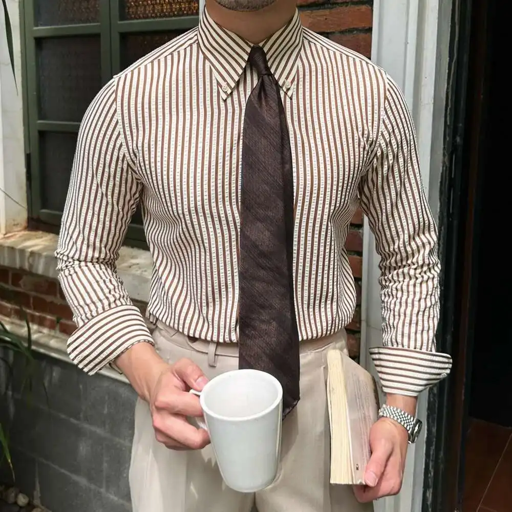 Summer British Casual Seersucker Striped Long Sleeve Shirt Men's Slim Casual Business Shirt High Quality Camisa Social Masculina