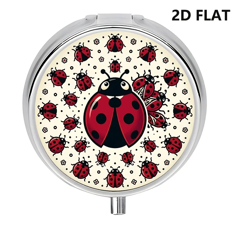 Single unit, flat, round three-compartment box, with a ladybug-shaped circular pattern design, used for sorting and dispensing medication. It is brightly colored, suitable for use in purses, handbags, and during travel, with a unique creative design