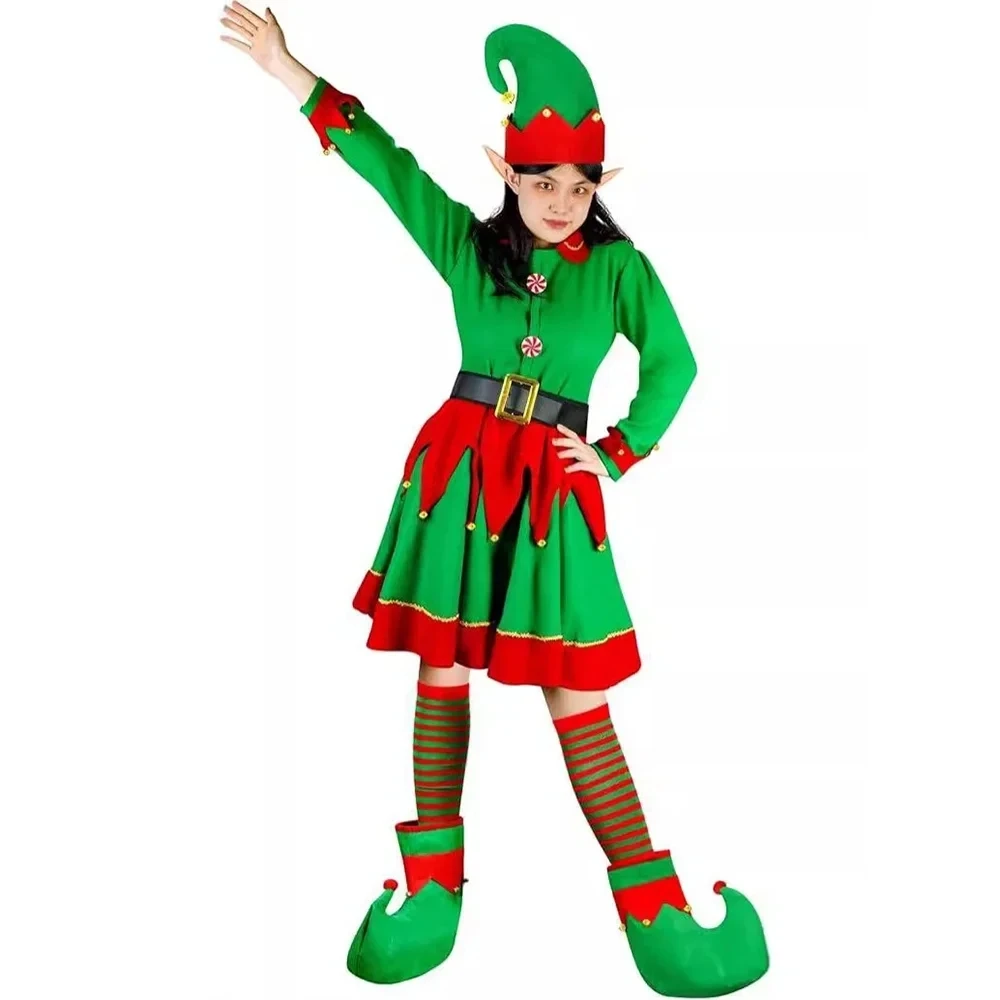 Christmas Elf Cosplay Costume Girls And MOM Family Matching New Year Xmas Suit Adult Kids Carnival Party Green Velvet Dress Gift