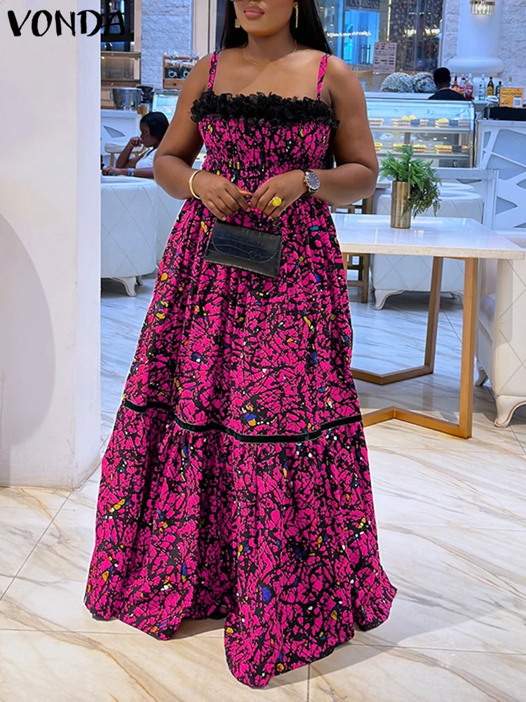 

Plus Size 5XL VONDA Bohemian Printed Dress Summer Women Strap Evening Lace Patchwork Party Sundress Casual Vestidos Pleated Robe