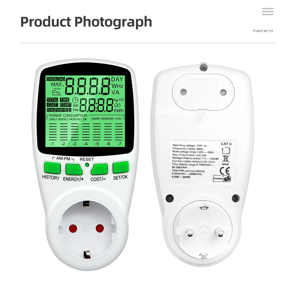 Digital Wattmeter Energy Meter Wattage Electricity Kwh Power Meter LCD Power Meter Outlet Power Analyzer Power Switch EU US UK