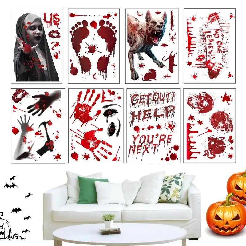 Halloween Blood Stickers Spooky Wall Decals And Floor Stickers 8 Sheets Halloween Window Clings Handprint Footprint Bloody Decor