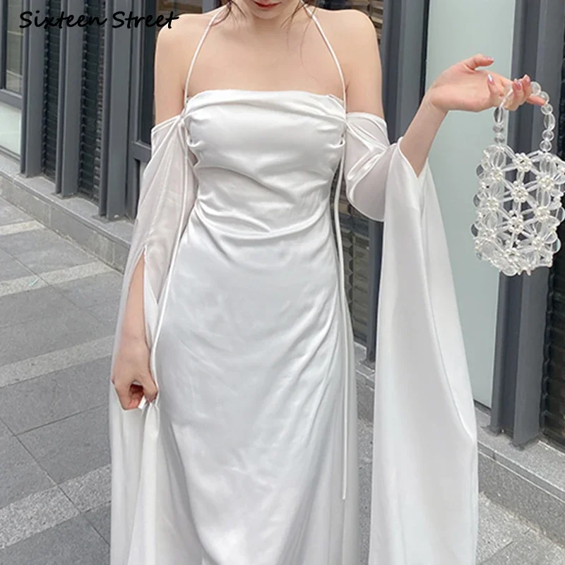 White Satin Dress Women  Summer Long Sleeve Slash Neck Elegant Women's Clothing Party Vacation Runway Design Vestidos