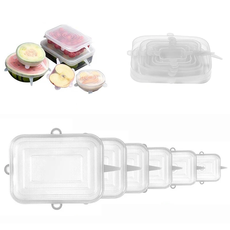 6-piece Silicone Fresh-keeping Lid Kitchen Sealing Food Elastic Lid Reusable Transparent Square Sealing Lid