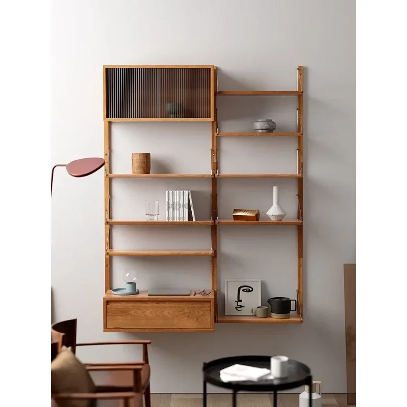 Solid wood baffle rack No punching wall wall hanging one-word shelf storage living room TV background wall shelf