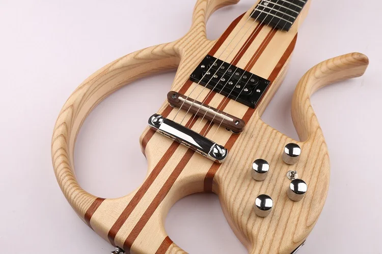 GECKO Hollow Electric Guitar Natural Solid Mahogany Wood Neck-Thru Body Silent Electric Guitar With Built-in Distortion Pedal