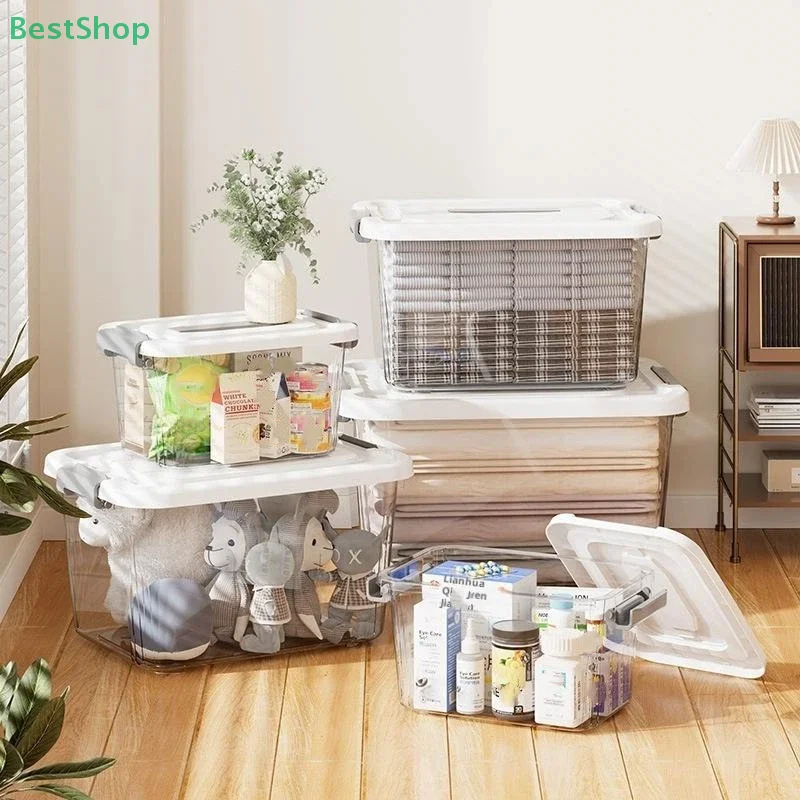 ♥ صندوق تخزين بلاستيكي شفاف مع غطاء صندوق منظم قابل للتكديس، حاوية شفافة للمنزل، تنظيم المطبخ والخزانة