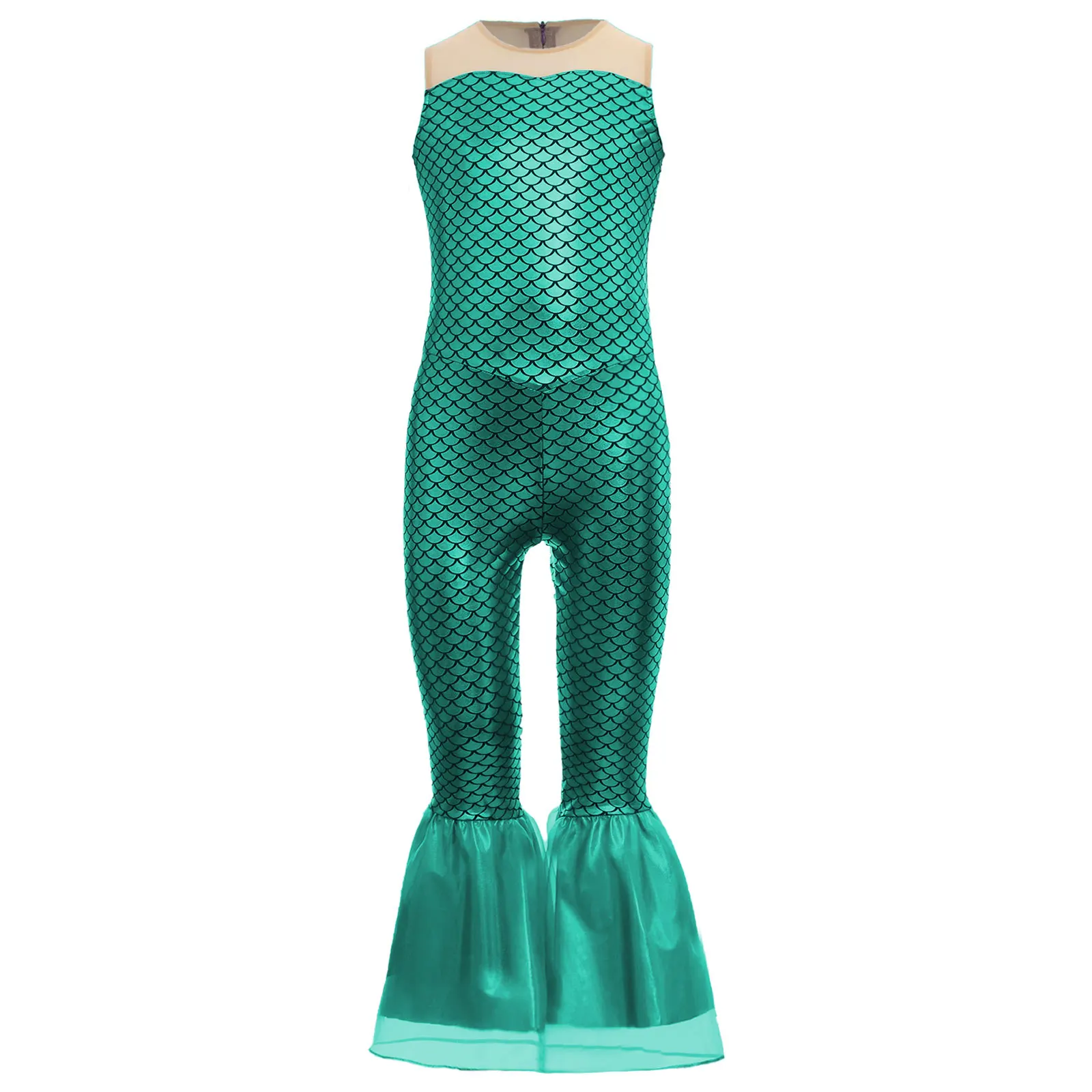 زي تنكري حورية البحر للهالوين للفتيات بدون أكمام وقشور سمكة معدنية مطبوعة متوهجة بدلة حورية البحر للحفلات