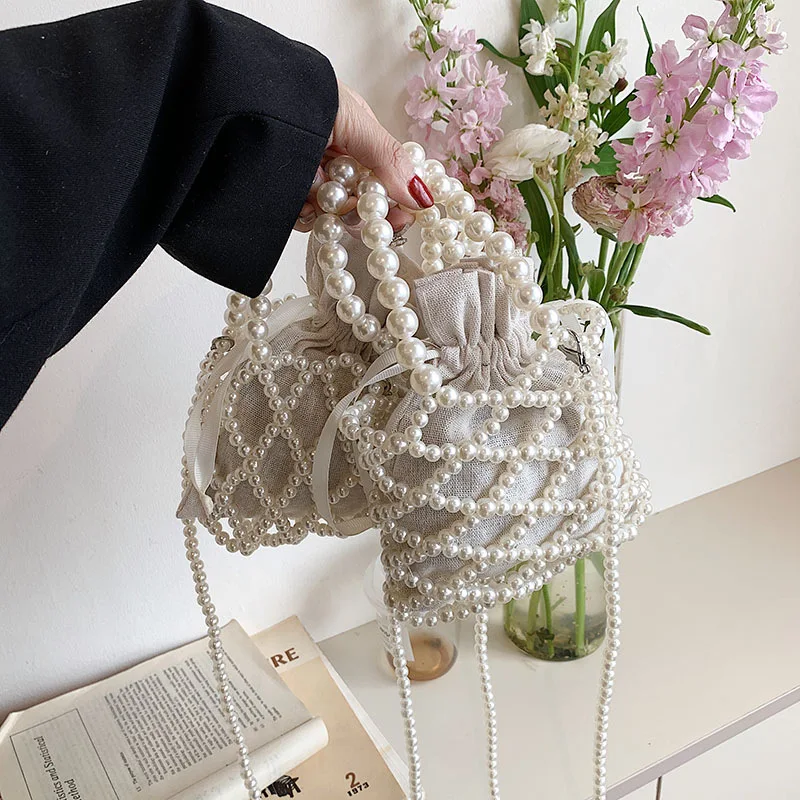 Handmade Pearl Bag Sweet Designer Brand Shoulder Tote Bag Bead Handbag Women Handmade 2023 Summer Party Small Bucket Purse