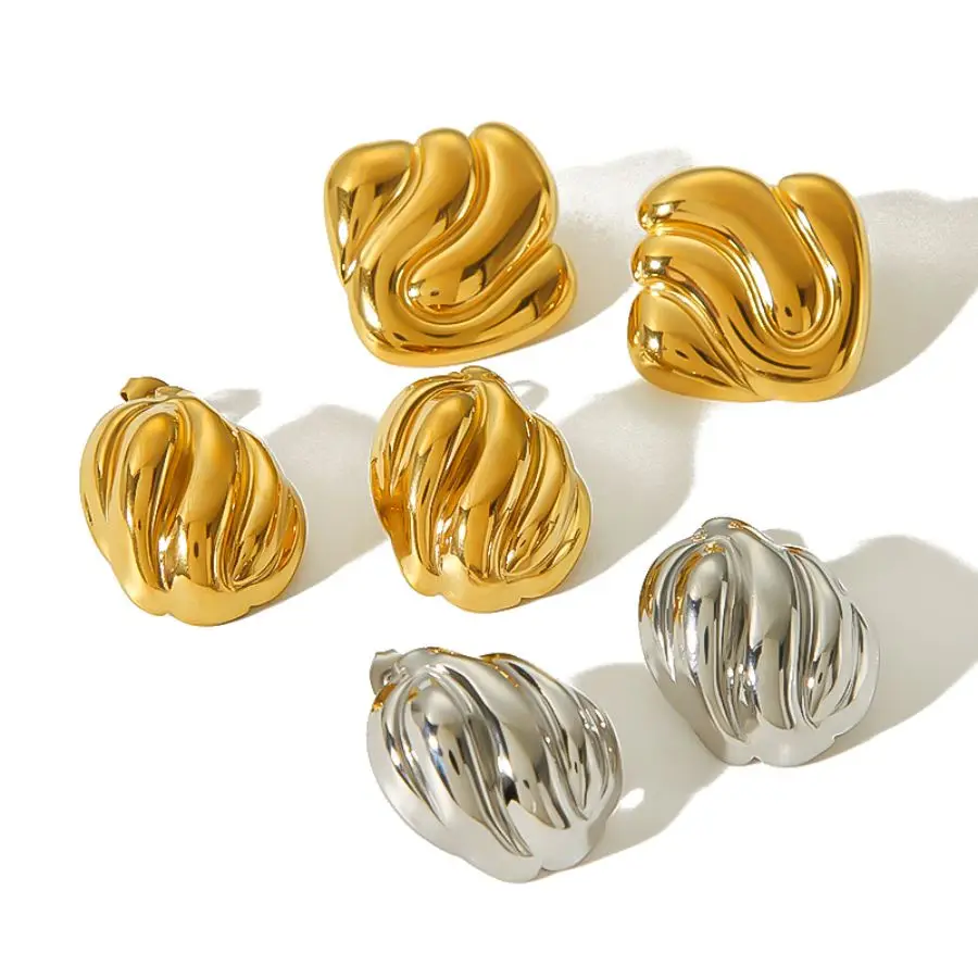Fashion 18k Gold Plated Wave Texture Stud Earrings Non Tarnish Waterproof Chunky Geometric Square Earrings Jewelry for Women