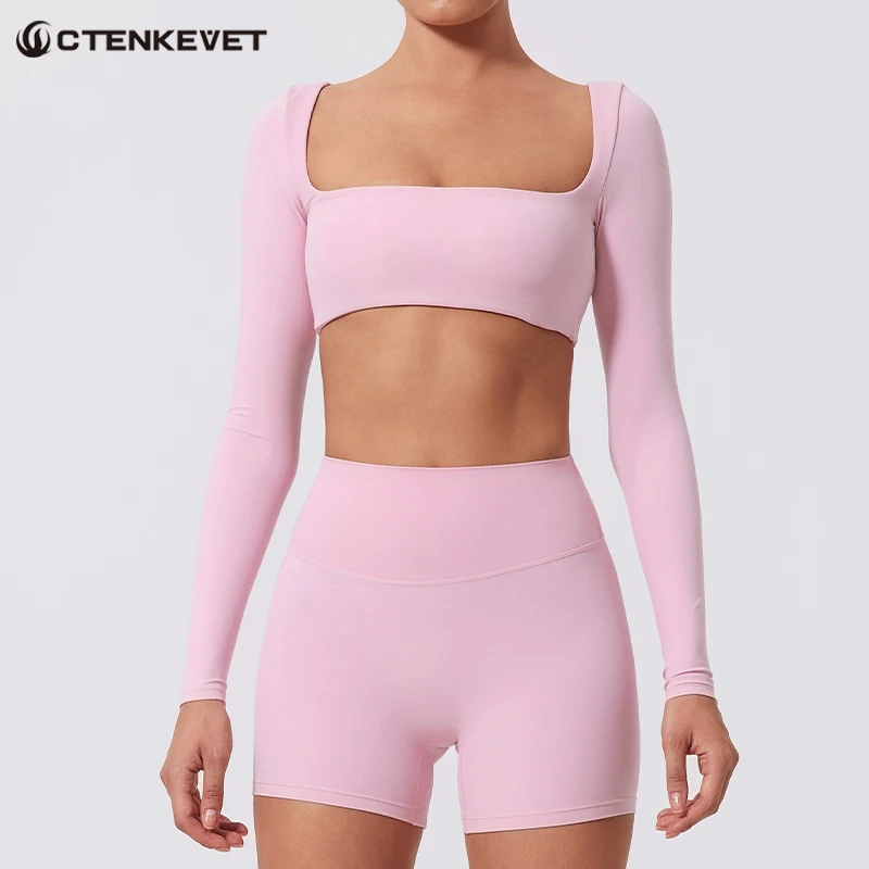 Ctenkeve Sports Long sleeved Women Outdoor Gym Fitness Wear T-shirt Long sleeved Yoga Shirt Gym Push Up Workout Single Piece Top