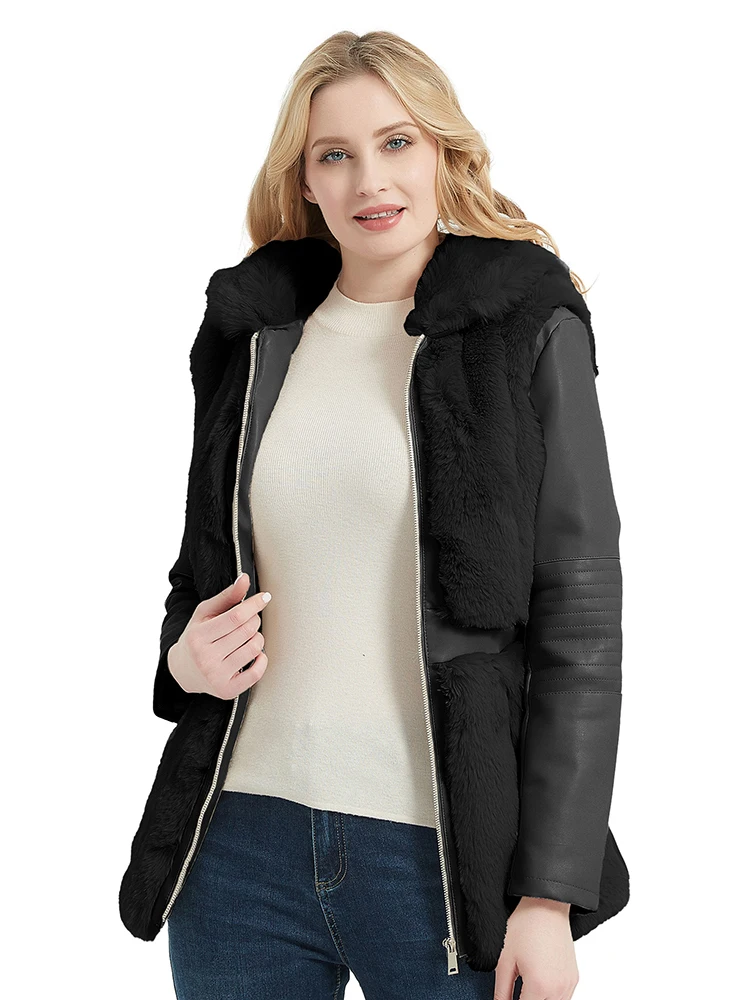 Giolshon Frauen Faux Leder Jacke Kurze Belted Herbst Winter Mode Warmen Lässige Moto Biker Mantel Shaggy Fell Kapuze Outwear