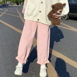 Pantalones holgados de pana para mujer, bombachos rectos de estilo japonés, informales, color rosa, bonitos, novedad de 2023