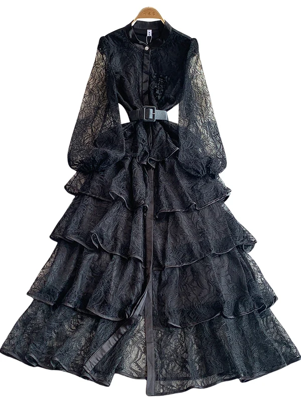 Vestido F E de Renda Floral com Manga Longa e Gola Alta, Estilo Camadas, Cintura Alta, Estilo Coreano, para o D...